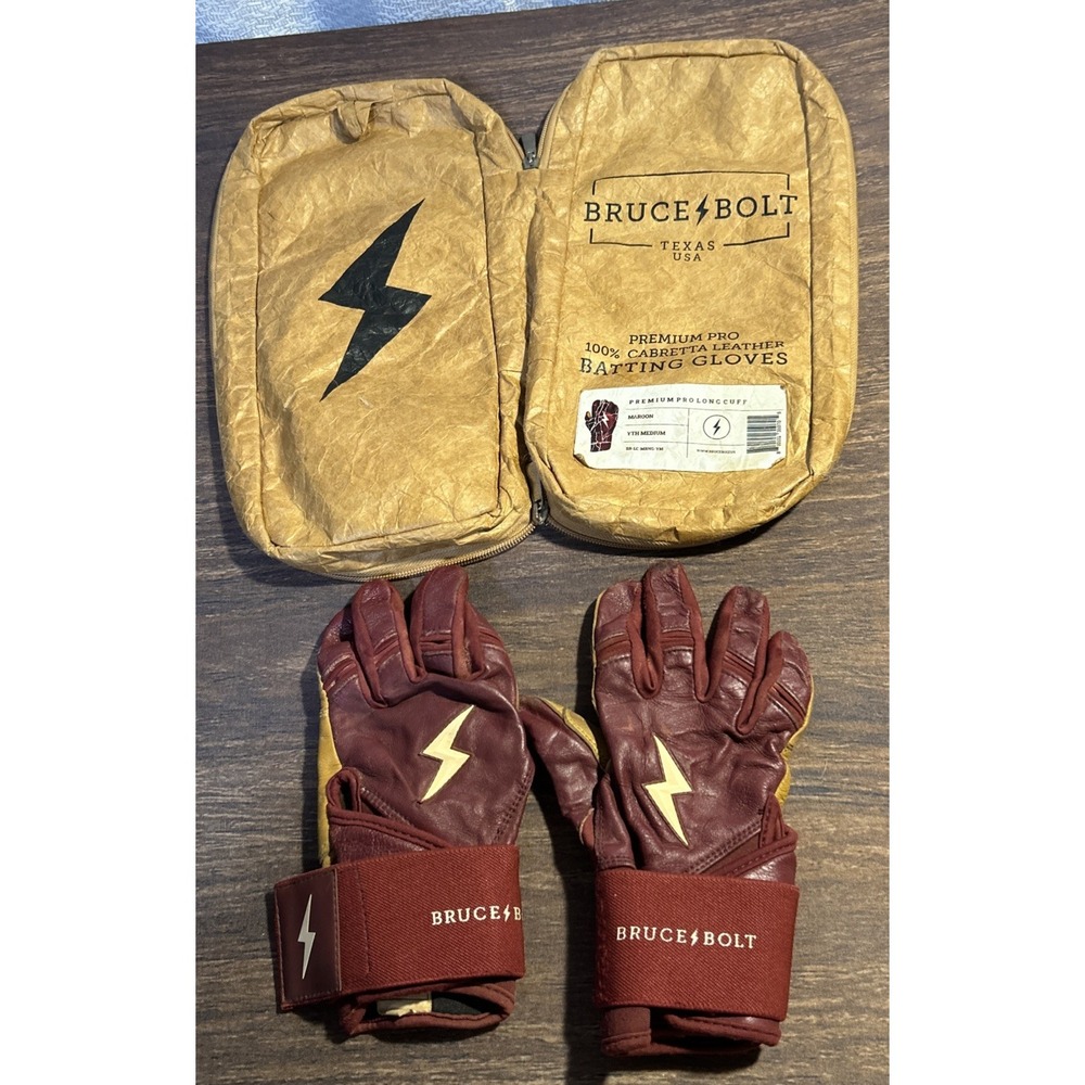 Bruce Bolt "YOUTH" M Premium Pro Long Cuff Batting Gloves & Storage Bag Maroon